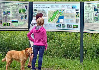 hikers stand looking at a map while their dog waits next to them