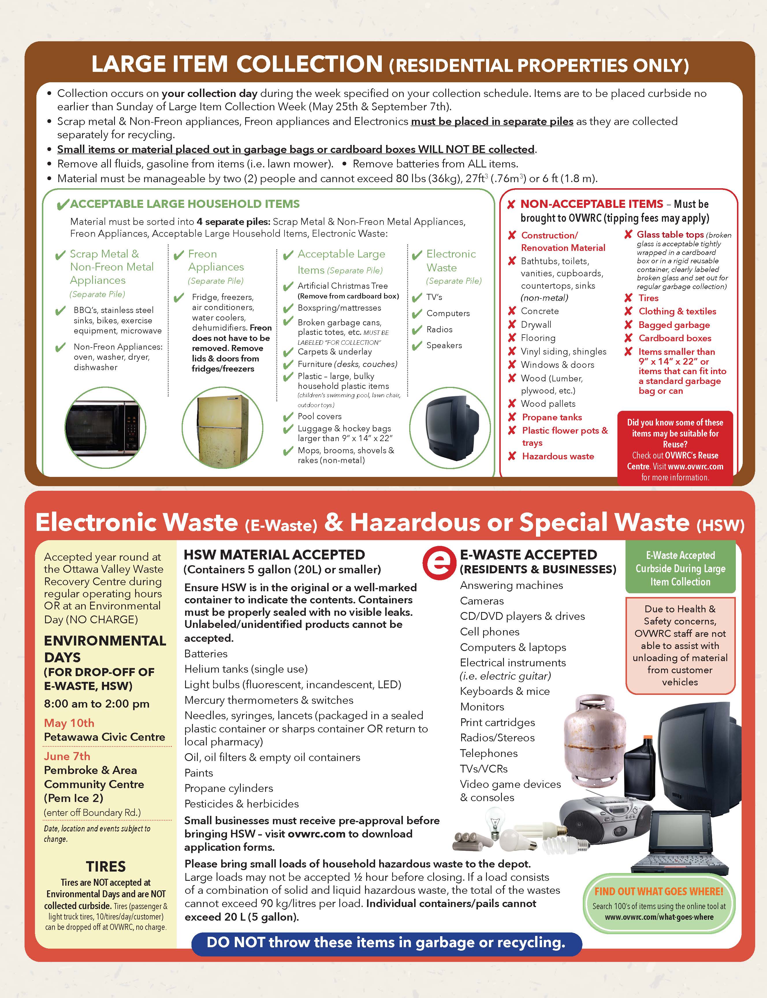 A graphic outlining what is accepted as electronic and hazardous waste.