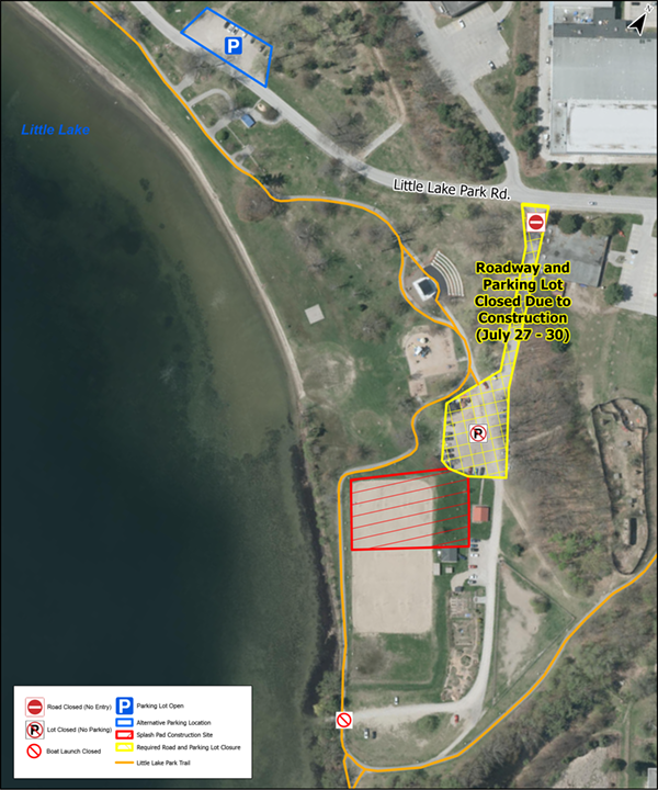 Aerial map of Little Lake Park showing temporary construction closures from July 27 to 30. The map highlights a splash pad construction site, closed roadways and parking areas, alternate parking locations, the boat launch, and the Little Lake Park trail, with Little Lake visible along the left side.