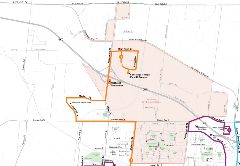 Map showing the location and route to 401 Industrial Drive in Milton