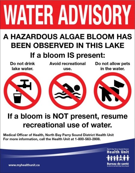 Sample of a Water Advisory sign, as posted by municipalities at public water access points