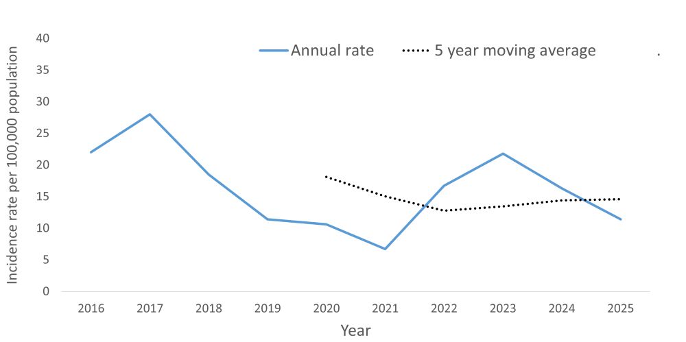 A line graph showing the crude rate and five year moving average of Salmonellosis by year within the Health Unit region between 2016 and 2025