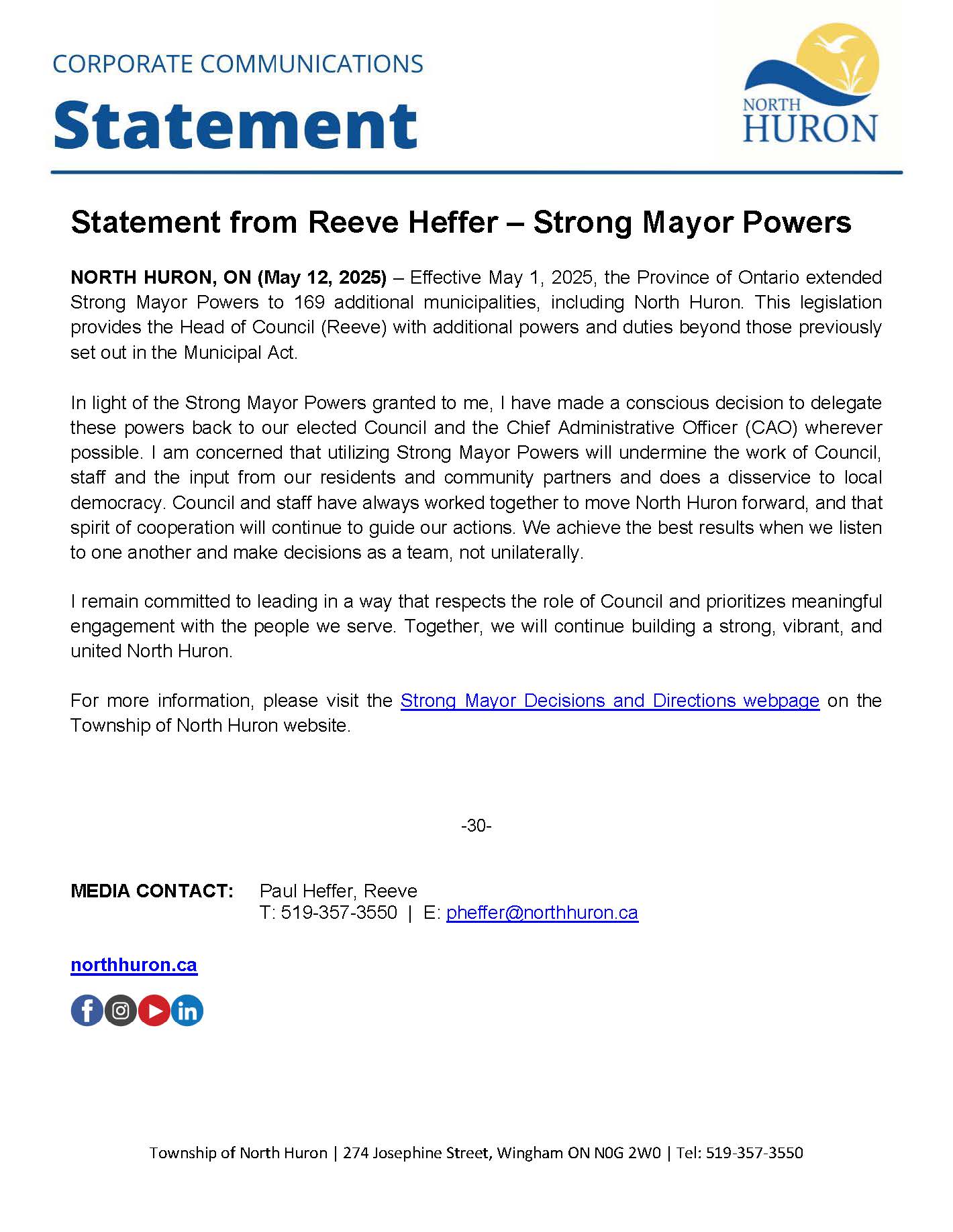 Statement from Reeve Heffer Strong Mayor Powers