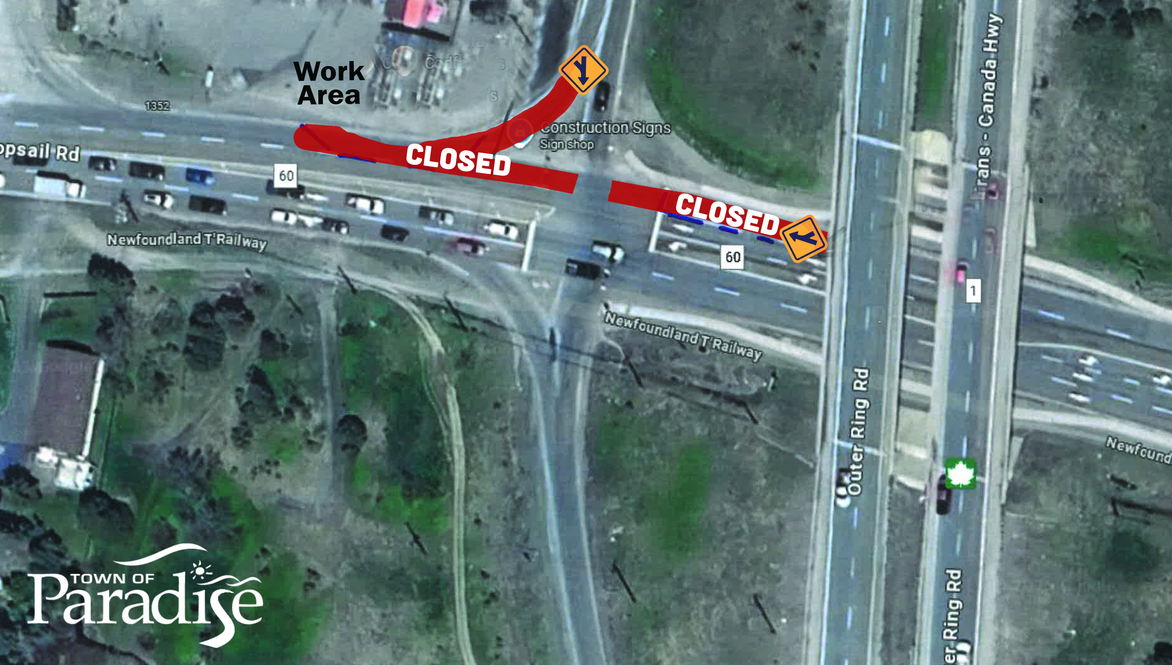 Image of 1354 Topsail Road, near Cod Fathers and the off-ramp from the outer ring road road closures