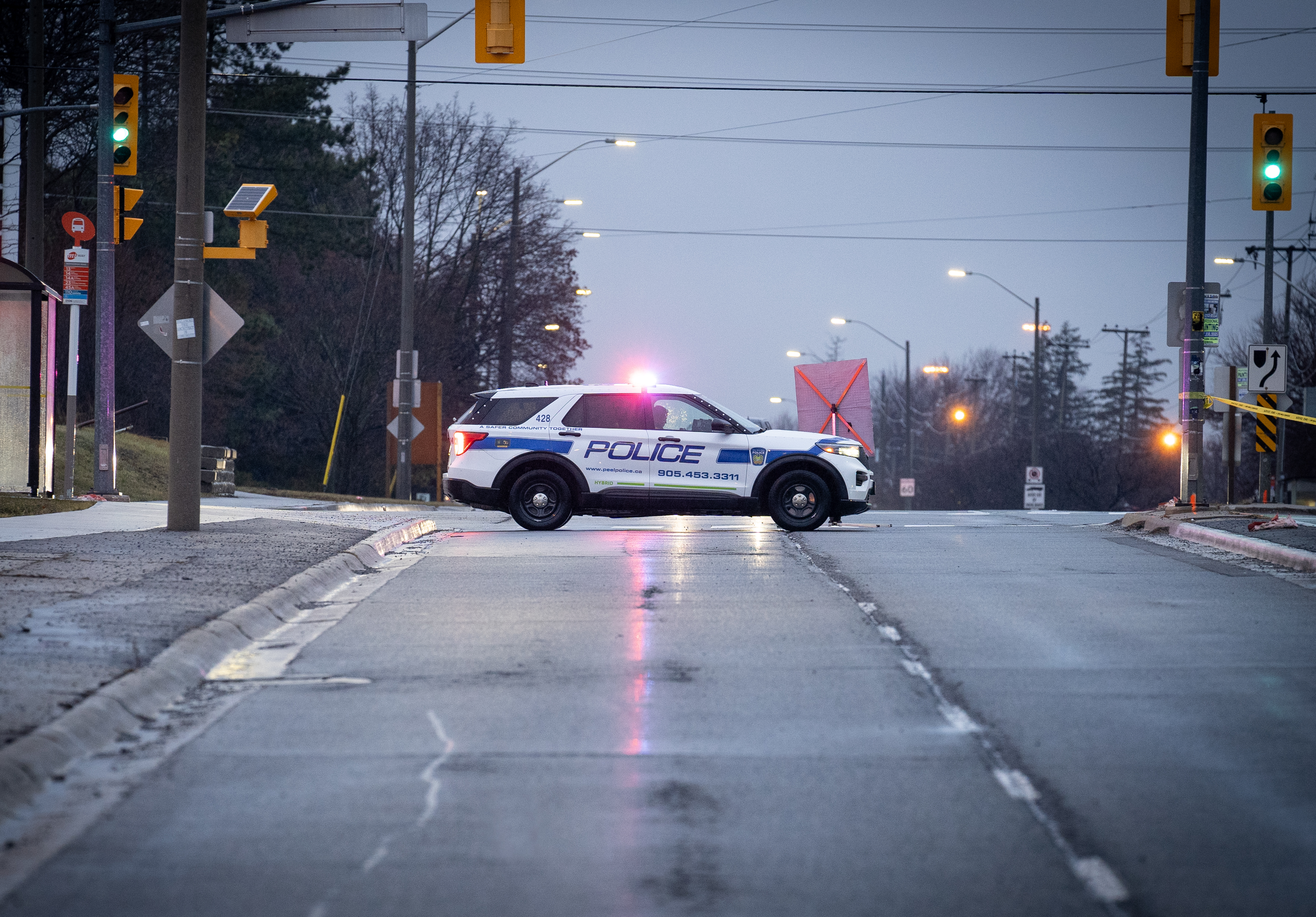 Peel Police cruiser blocking traffic