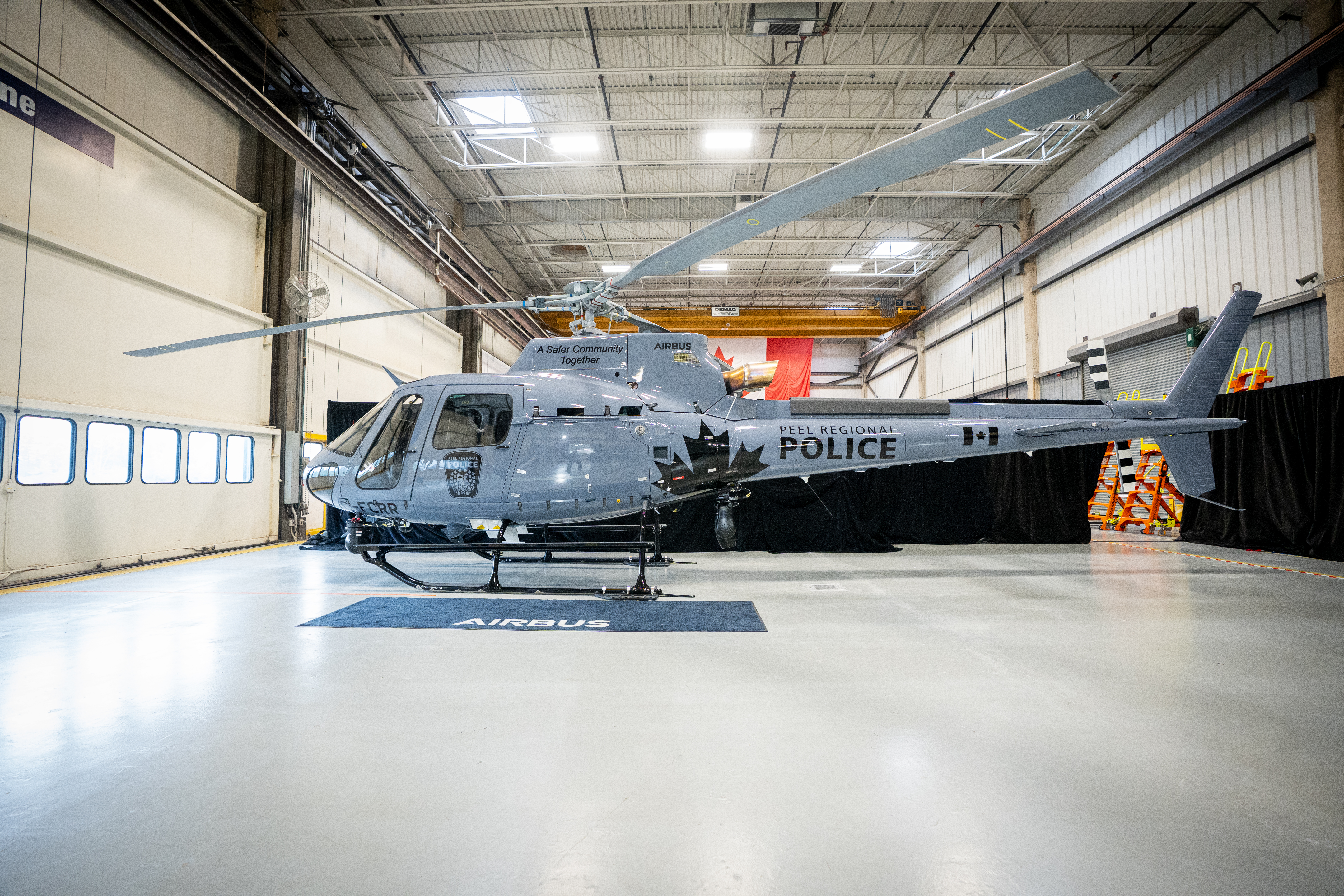 Police helicopter in hangar