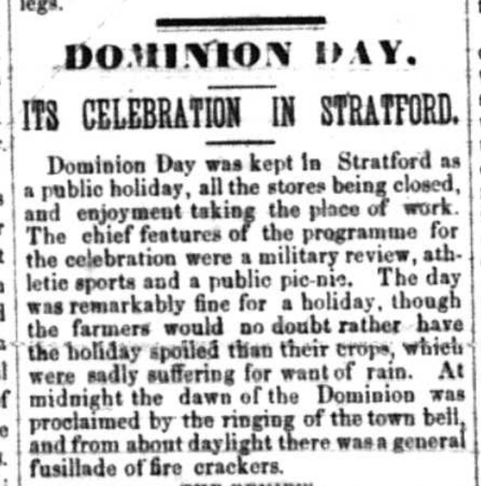Headline from Stratford Beacon Weekly newspaper that reads: "Dominion Day, Its Celebration in Stratford."