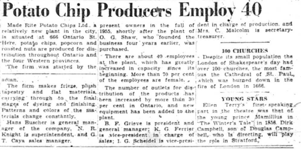 Newspaper article about Made Rite Potato Chips in Stratford.