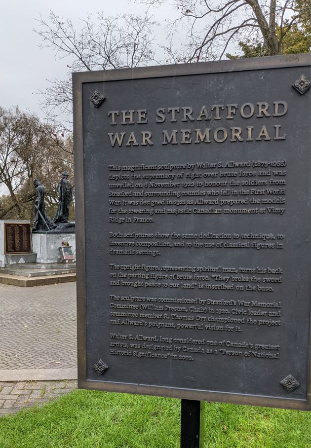 Close up image of the plaque at the Stratford War Memorial