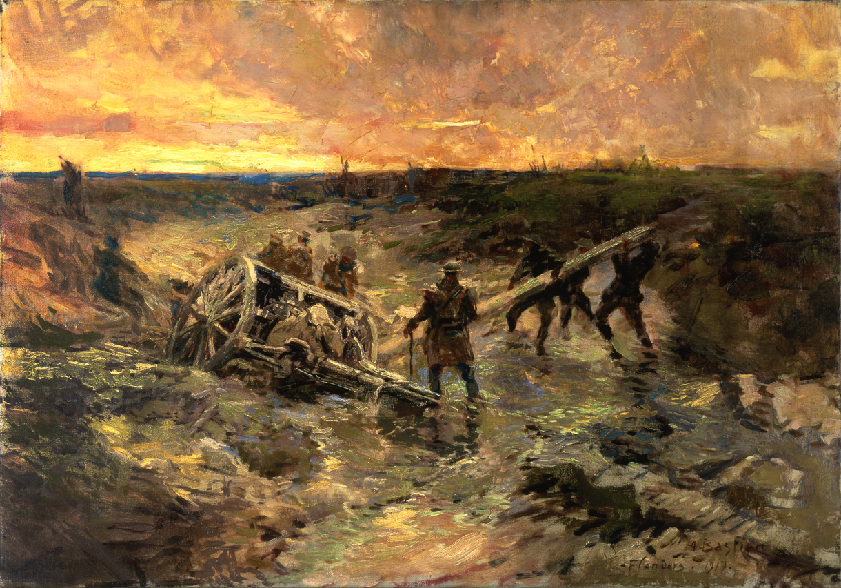 Painting of Canadian gunners in the mud, Passchendaele, Alfred Bastien CWM19710261-0093; used by permission of the Canadian War Museum.