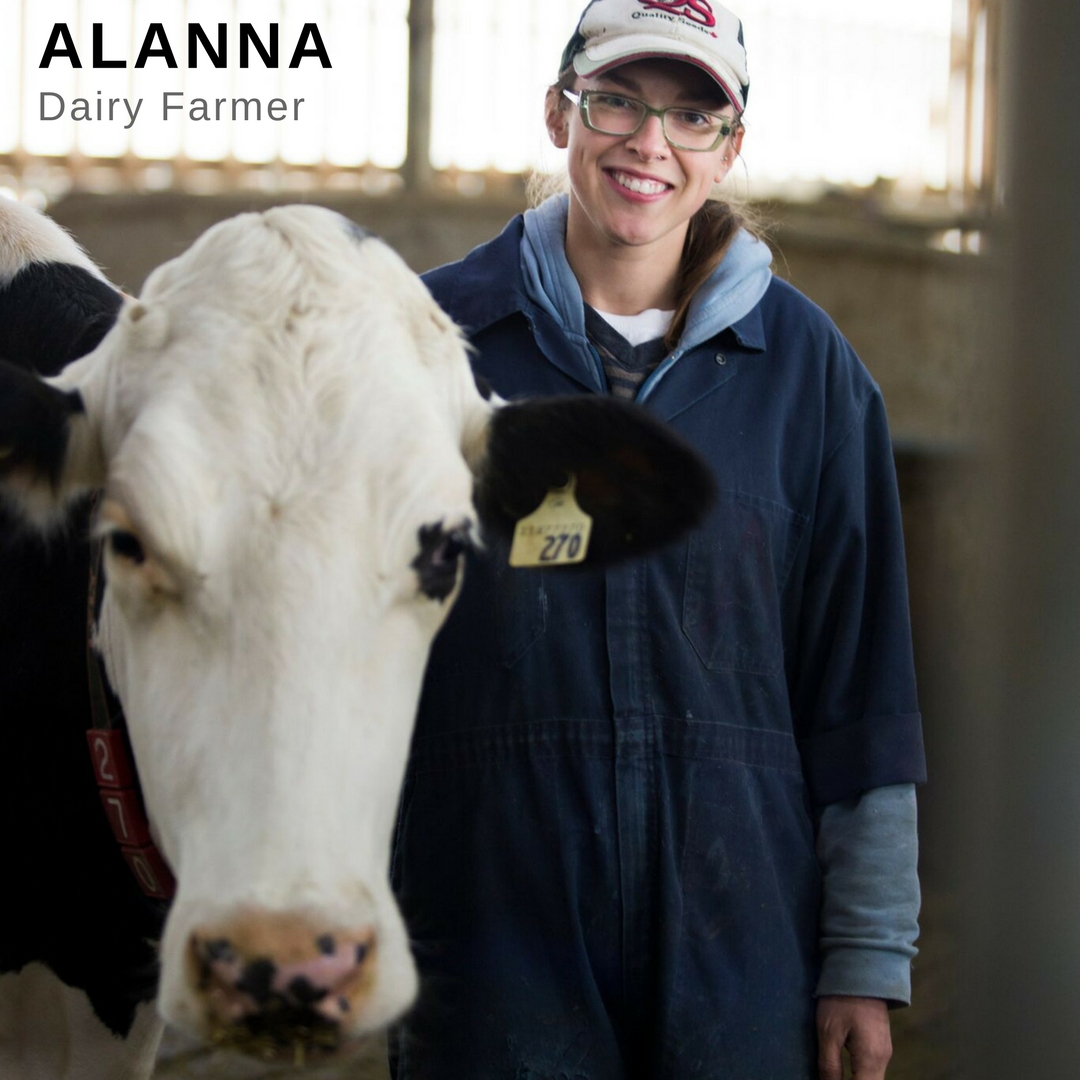 Young woman standing beside a dairy cow