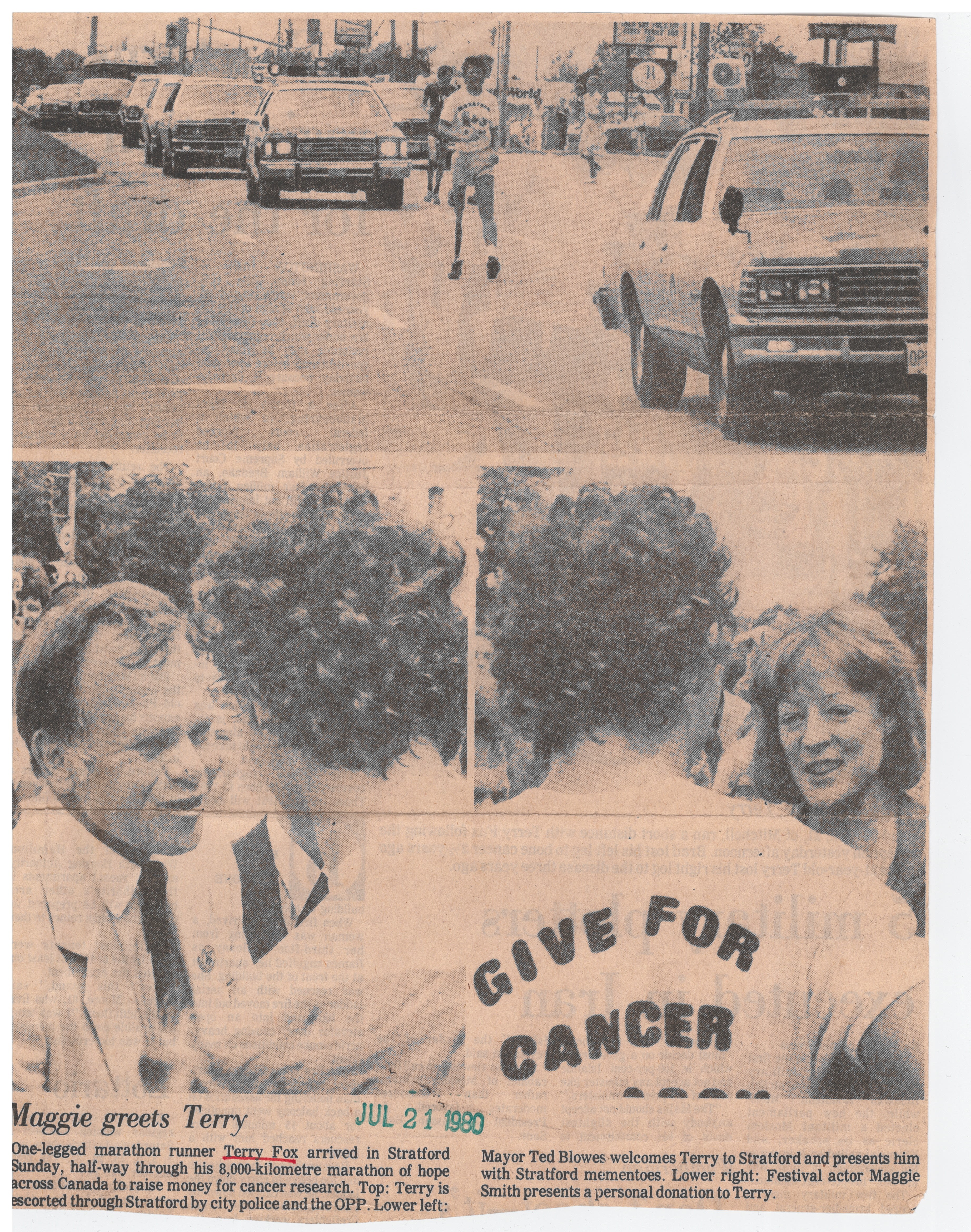 Terry Fox running through downtown Stratford, and being greeted by Maggie Smith.