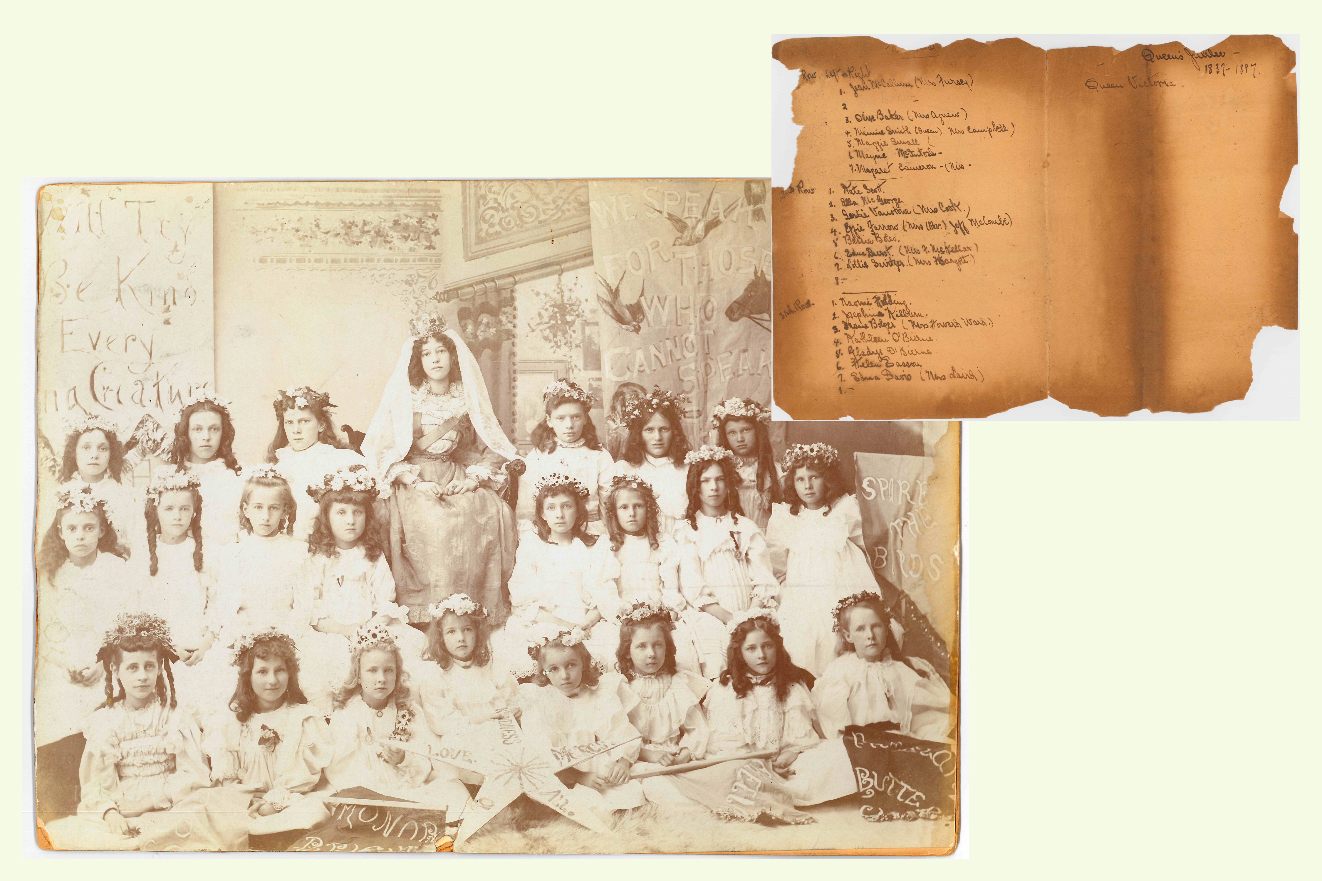 Girls dressed up as Queen Victoria and "her ladies"