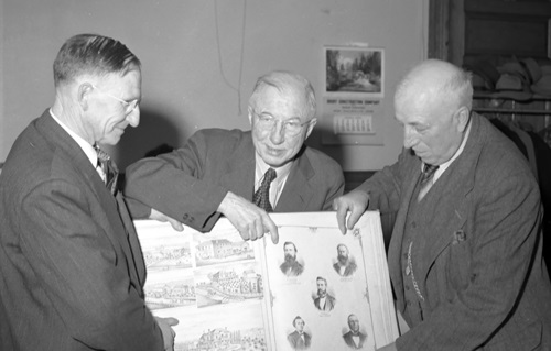 Warden William O. Gaffney (left), Clerk-Treasurer Fred Armstrong (middle), South Easthope Township Reeve J.J. Krug (right), 1951