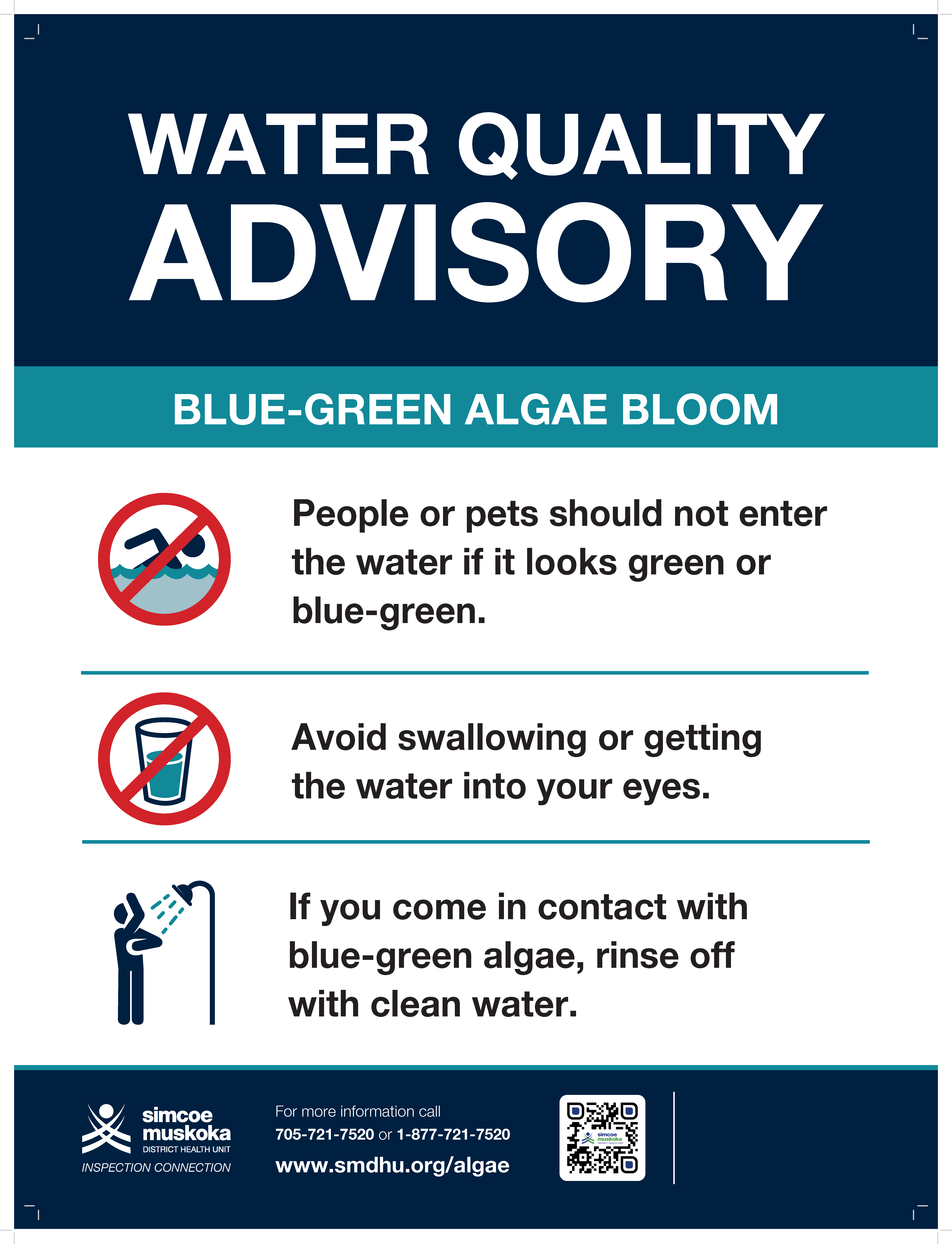 Water Quality Advisory Blue-Green Algae Bloom People or pets should not enter the water if it looks green or blue-green. Avoid swallowing or getting the water into your eyes. If you come in contact with blue-green algae, rinse off with clean water. For more information, visit www.smdhu.org/algae.