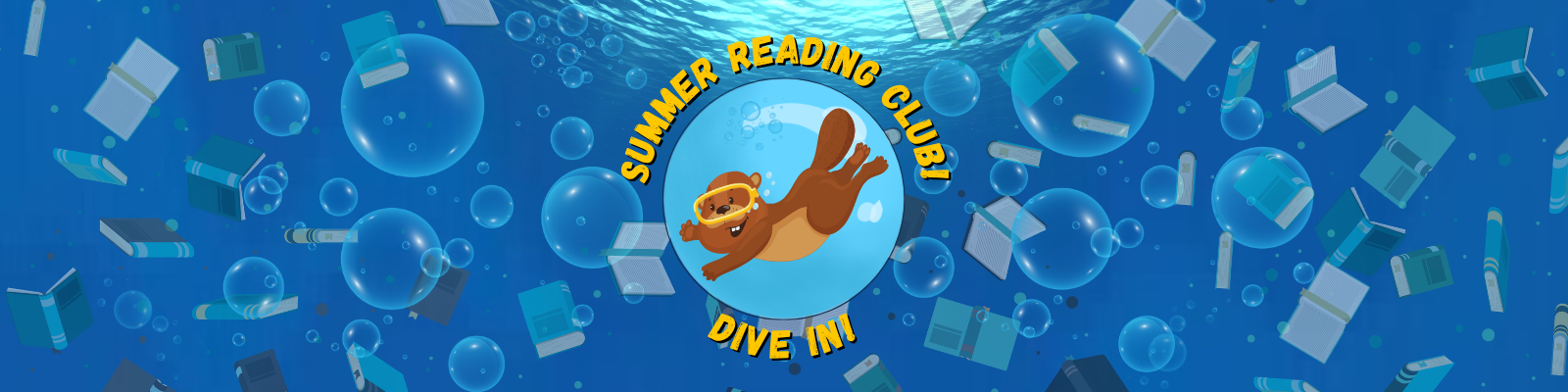 Summer Reading Club Banner. cartoon beaver wearing goggles underwater