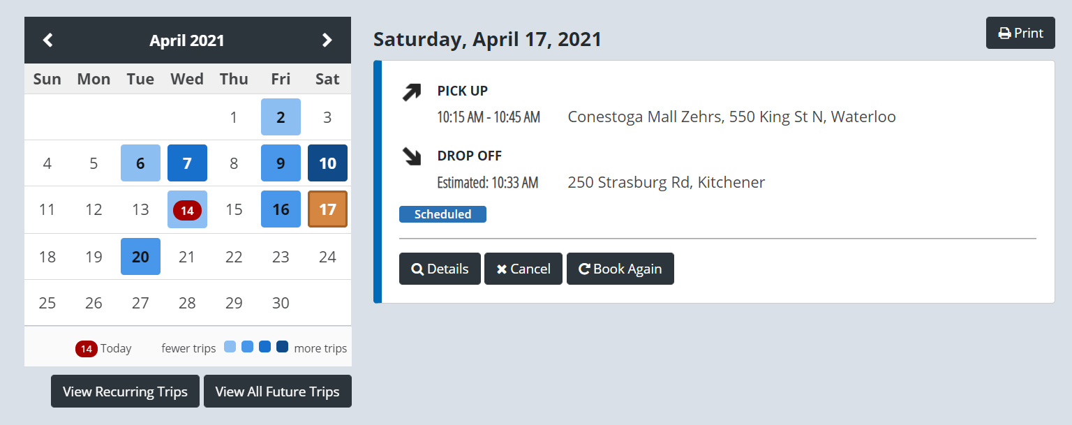 Screenshot upcoming trips