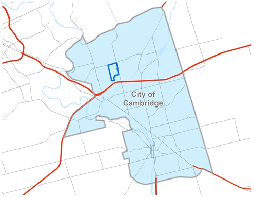 Map of Cambridge with a highlight of the Boxwood community.