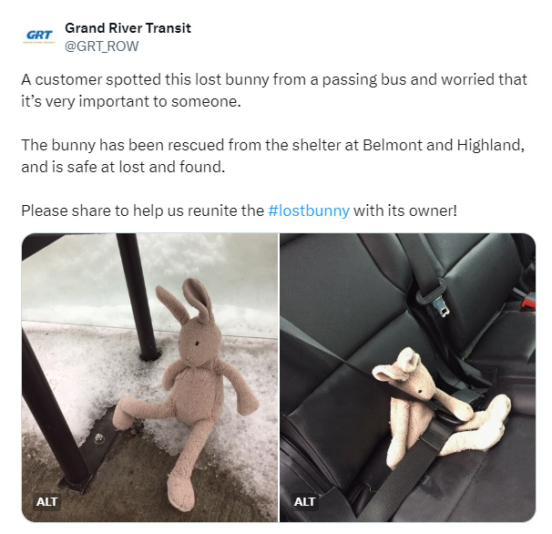 GRT twitter post about lost stuffed bunny
