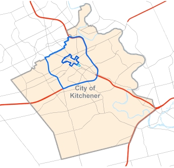 Map of Kitchener and central neighbourhoods.