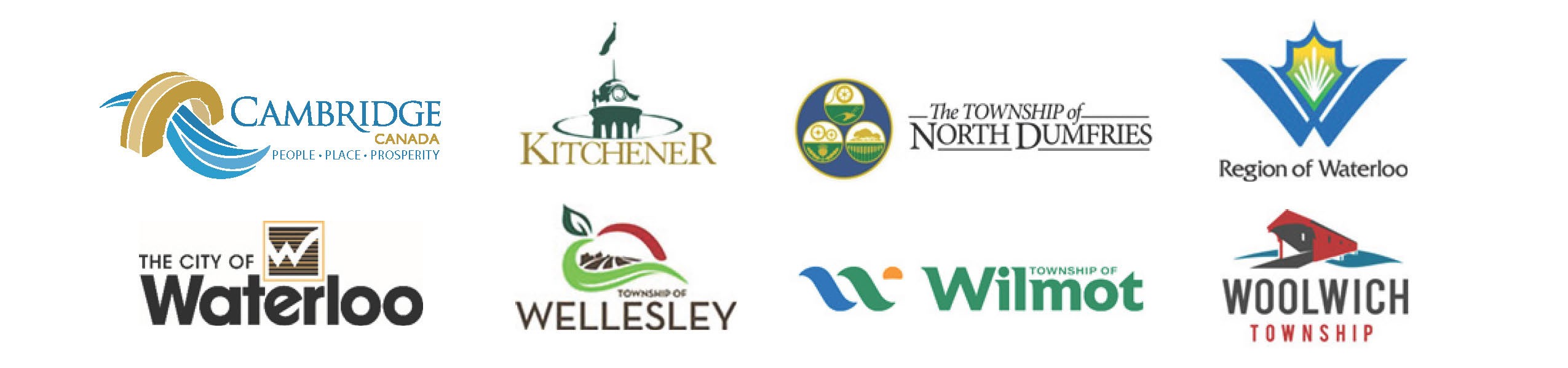 Municipal logos for the Region of Waterloo, and the three cities and four townships within the Region.