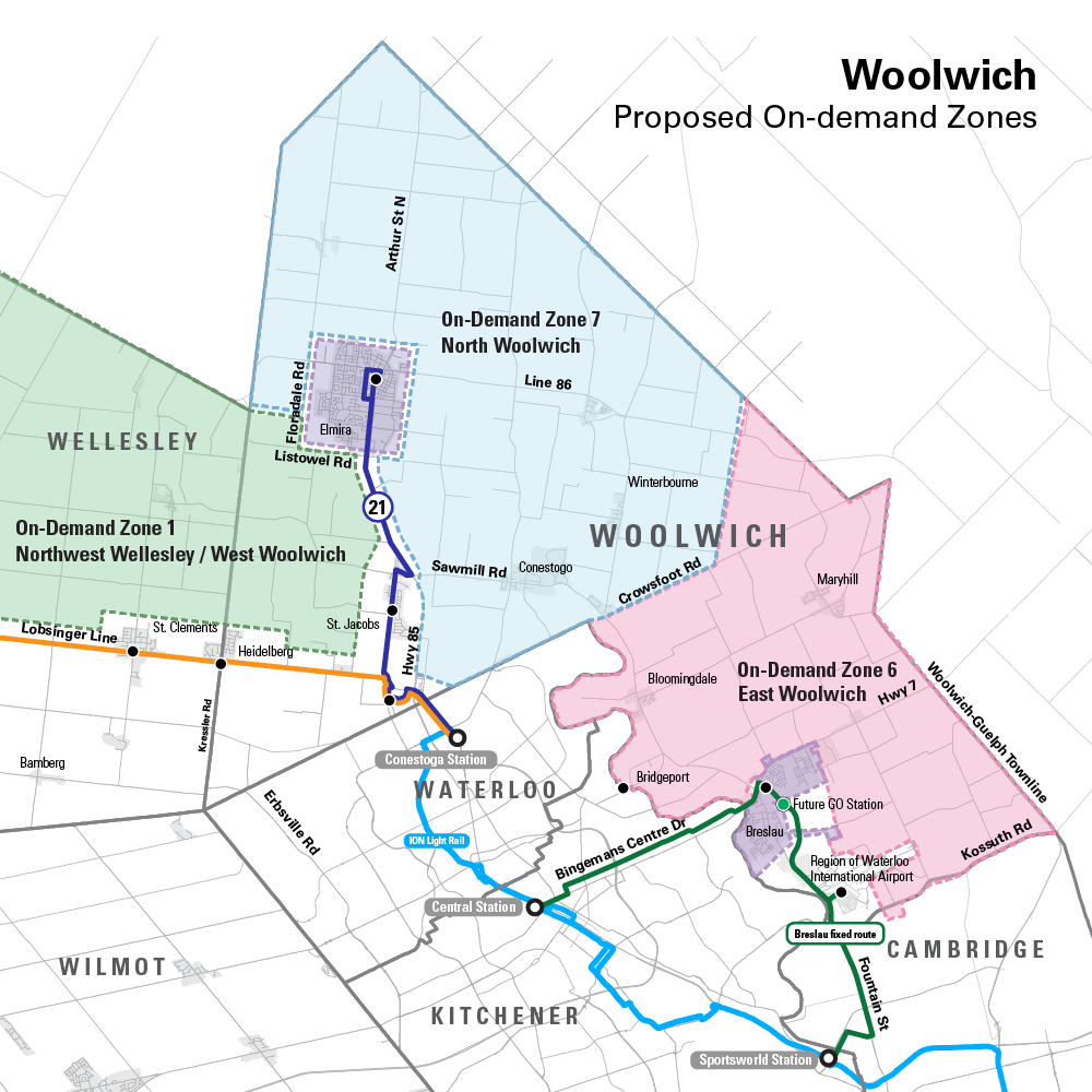 Map of proposed on-demand service zones for Woolwich Township