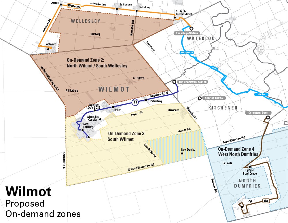 Map of proposed on-demand service zones for Wilmot Township
