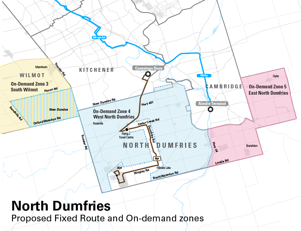 Map of proposed transit route serving North Dumfries Township