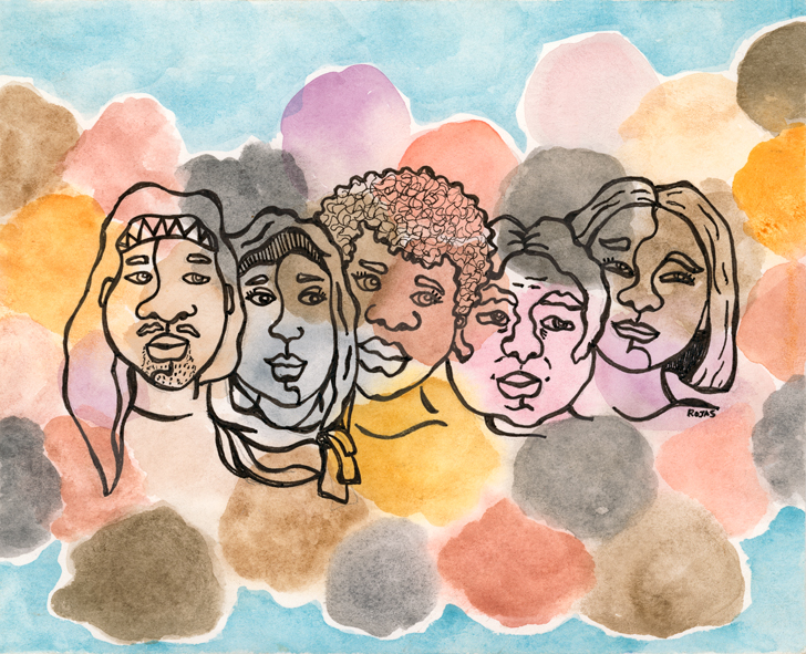 Painting show diverse faces by artist  Pamela Rojas