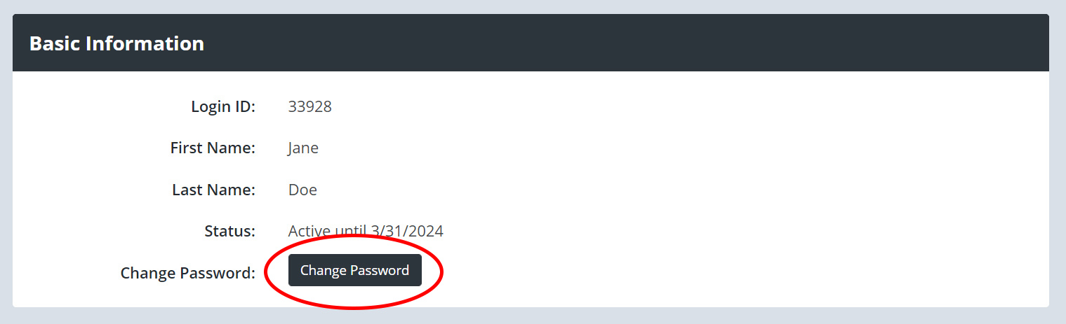 Screenshot profile basic info change password circled