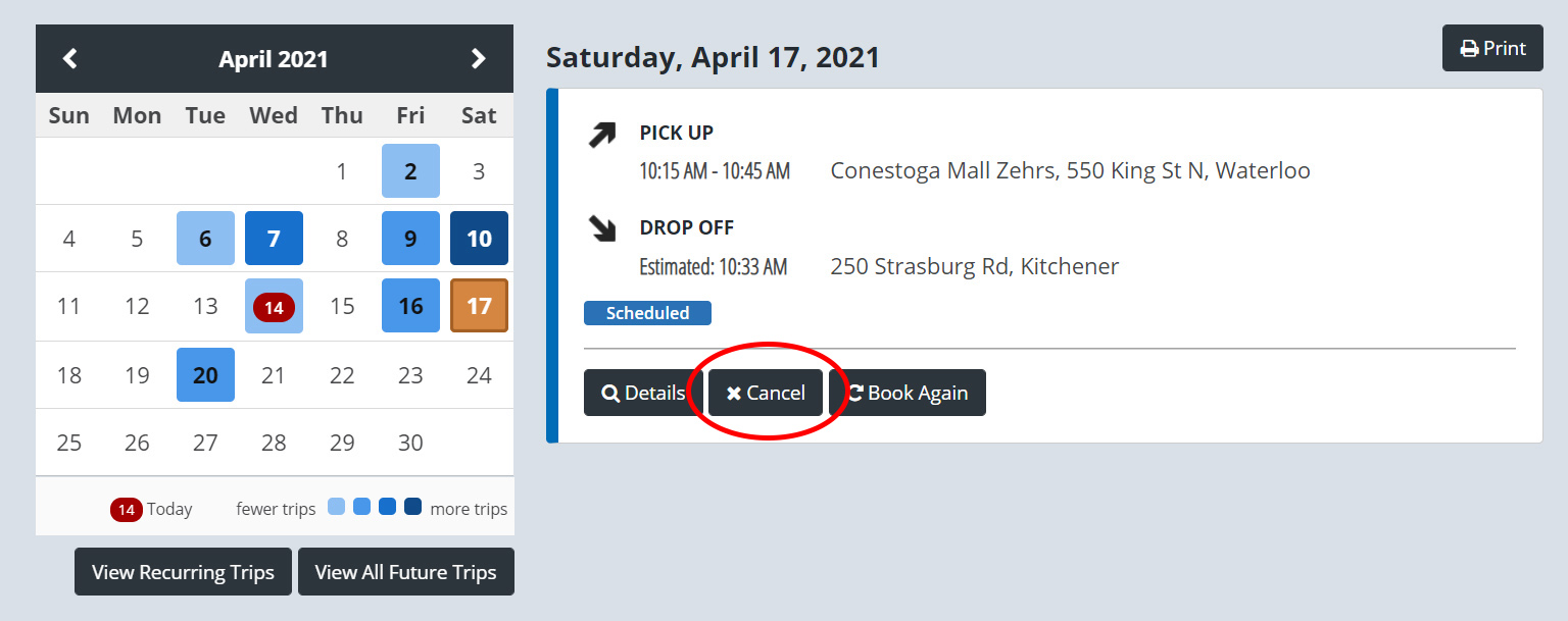Screenshot upcoming trips cancel button circled