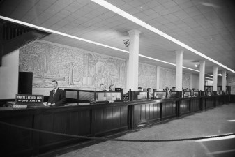 The commissioned murals in their original location within Waterloo Trust, 1955 Courtesy of the University of Waterloo Library, Special Collections & Archives, KW Record Photographic Negative Collection