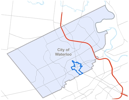 Map of Waterloo with Uptown highlighted.