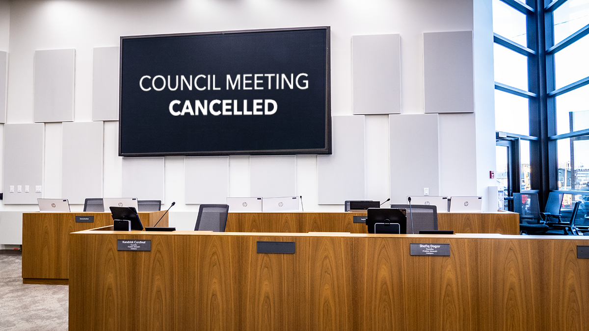 Photo of Council Chambers with superimposed text reading "Council Meeting Cancelled."