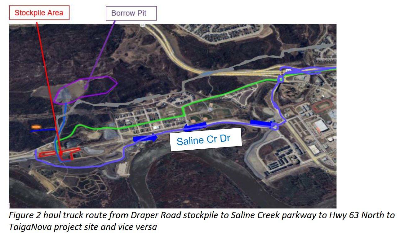Figure 2 haul truck route from Draper Road stockpile to Saline Creek parkway to Hwy 63 North to TaigaNova project site and vice versa