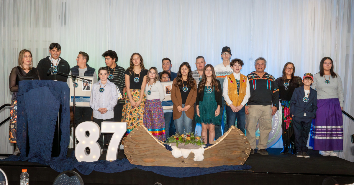 A group photo of the winning nominees for the Indigenous Sports Gallery hosted by the Arctic Winter Games in Fort McMurray, Alta.