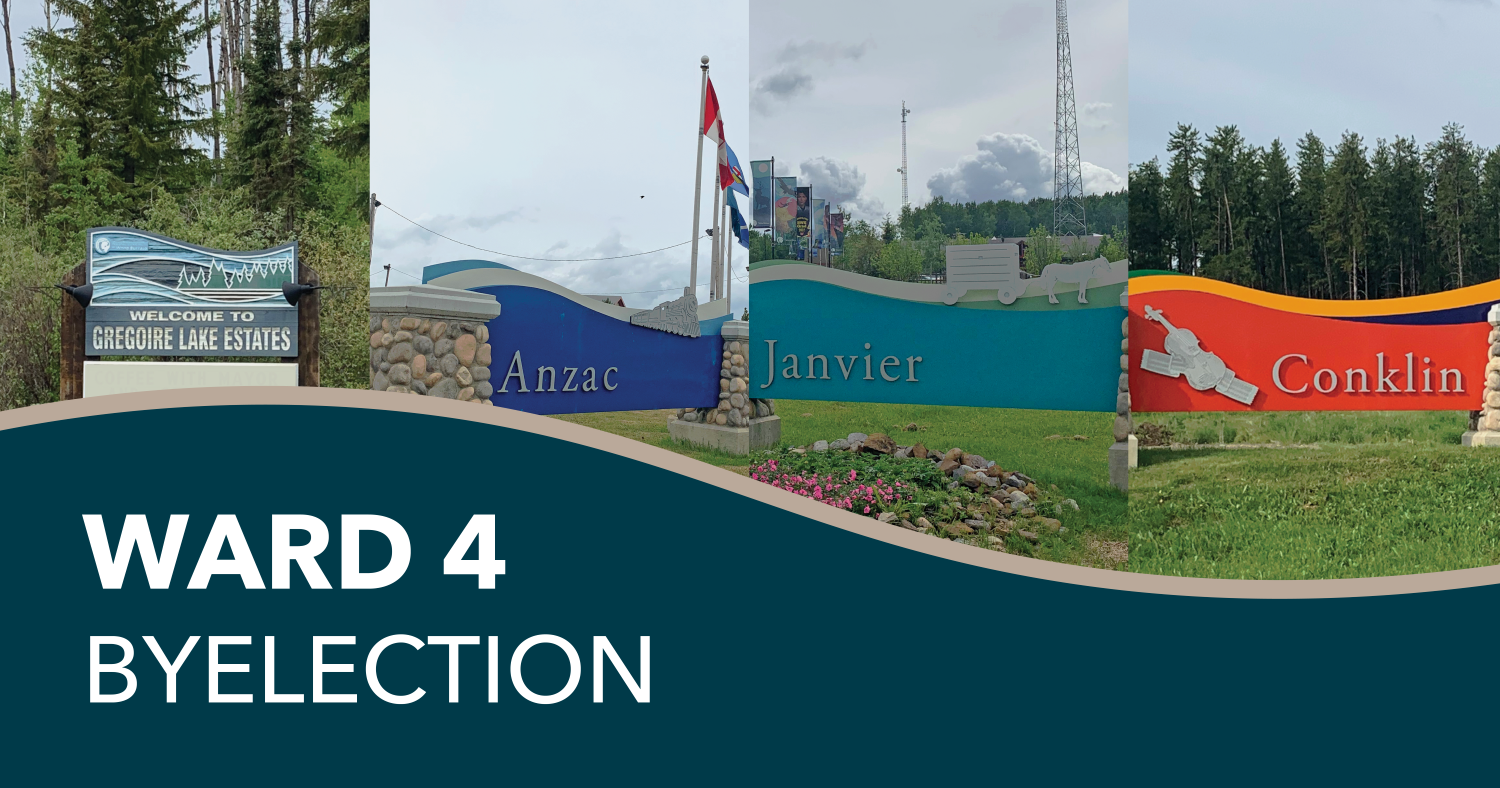 Four images of the community signs for Anzac, Conklin, Janvier and Gregoire Lake Estates above a text banner reading "Ward 4 Byelection"