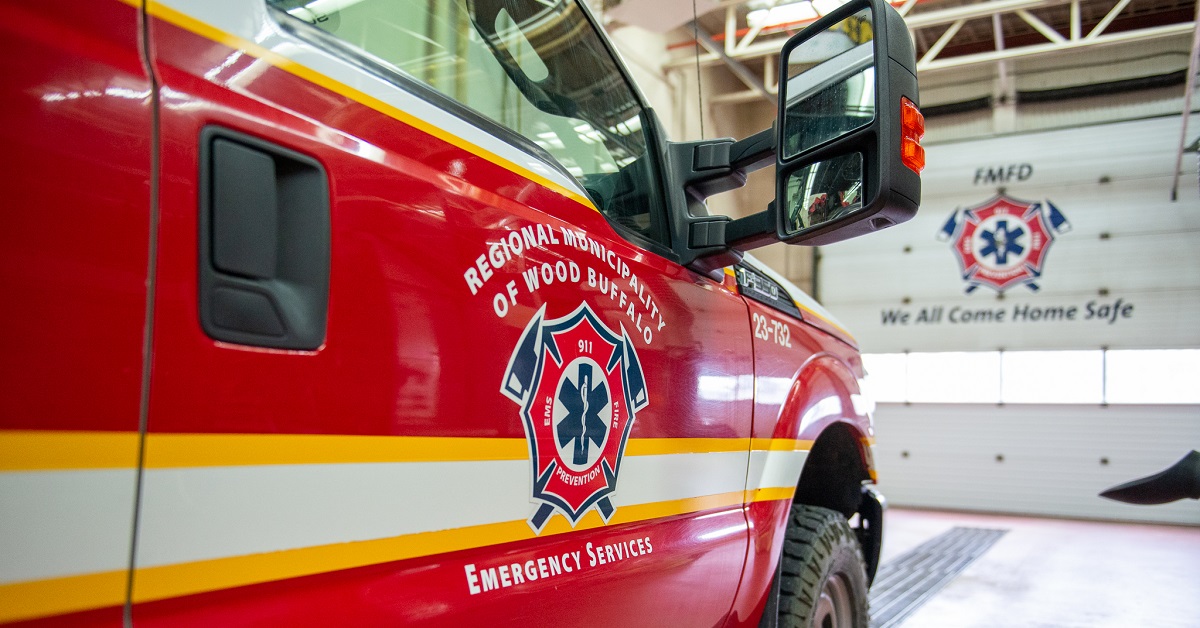 a fire truck in a bay