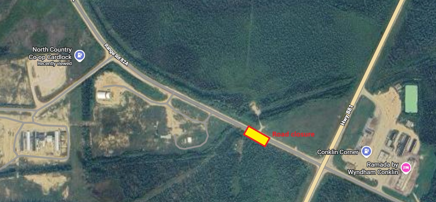 A map identifying the road closure on West Conklin Road.