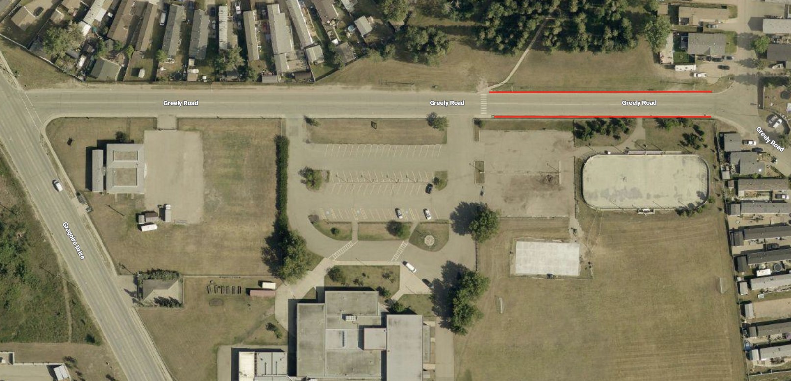 A map of Greely Road both sides of the street are highlighted red to indicate construction