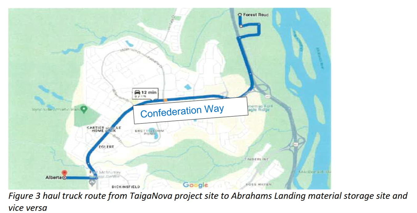 Figure 3 haul truck route from TaigaNova project site to Abrahams Landing material storage site and vice versa