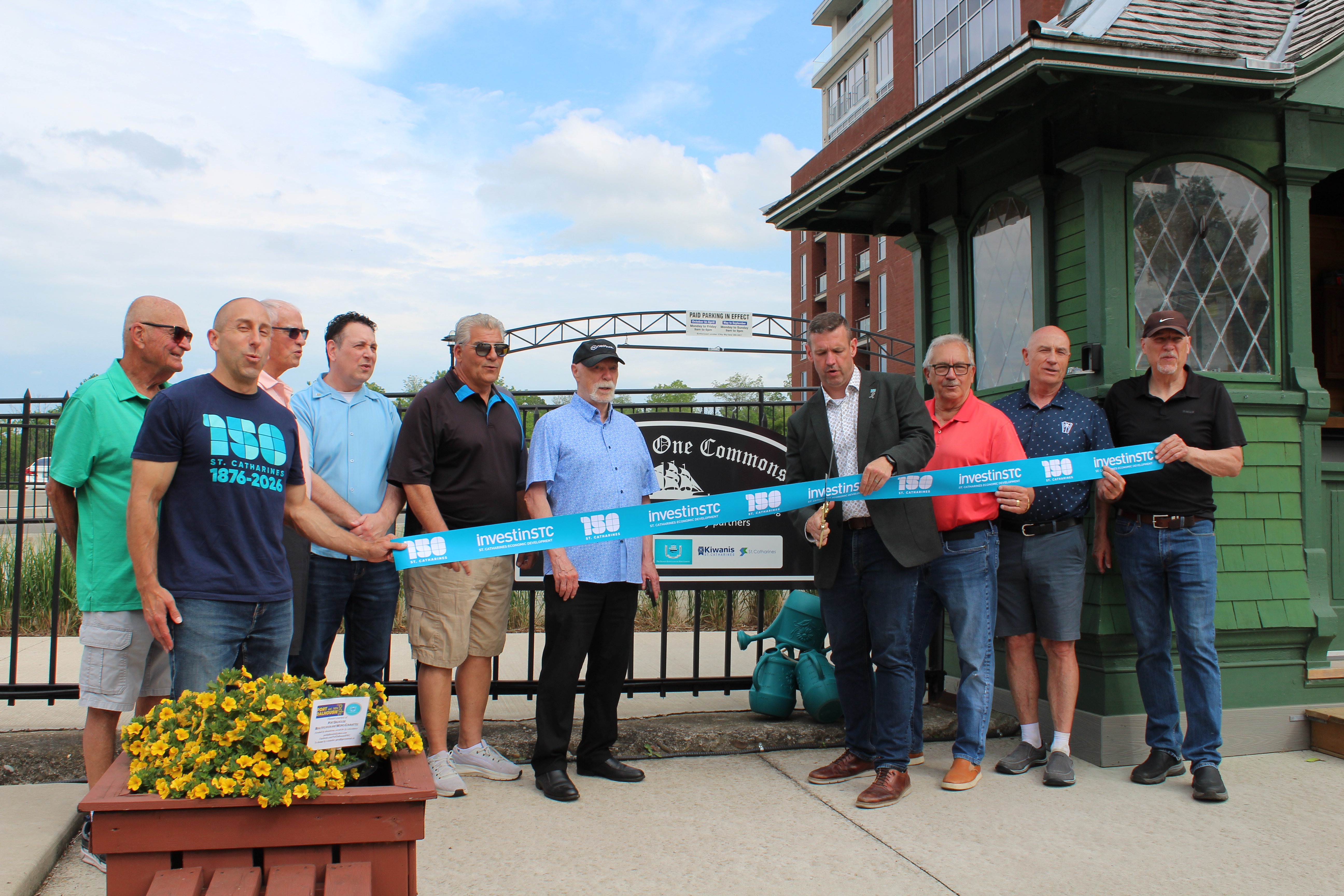Mayor Mat Siscoe, Deputy Mayor Bill Phillips, Port Dalhousie Councillors Bruce Williamson and Marty Mako are joined by project partners at the Old Lock One Commons official sign unveiling and grand opening.