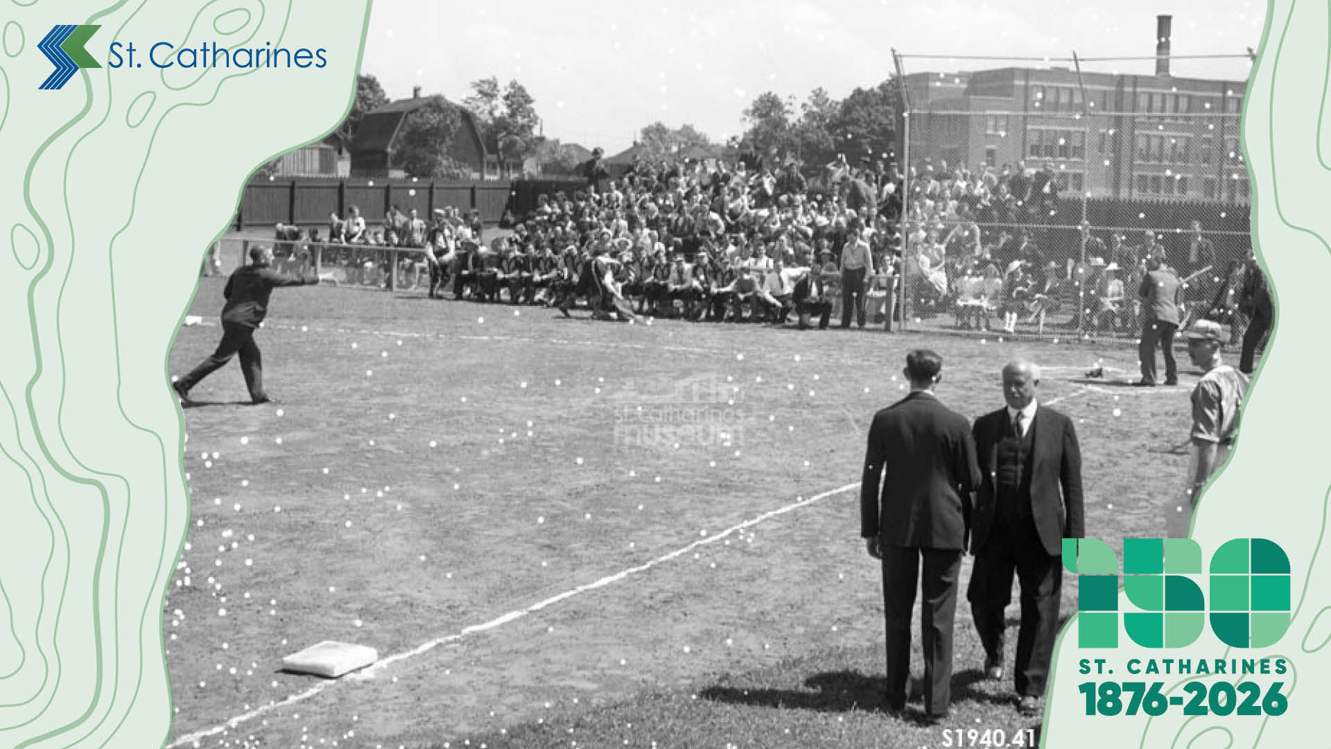 Major Lancaster tossing the first ball to Mayor Daley at the opening for Queensway Park on June 15, 1940.