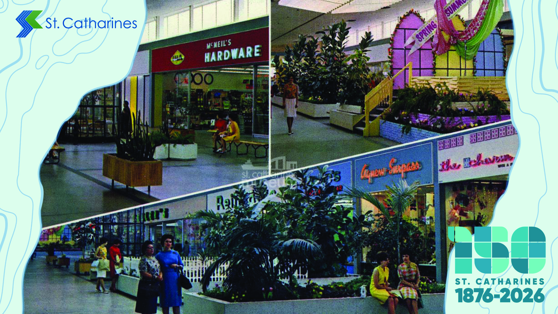 A postcard shows the interior of the Fairview Mall in 1961 during the first year of operation.