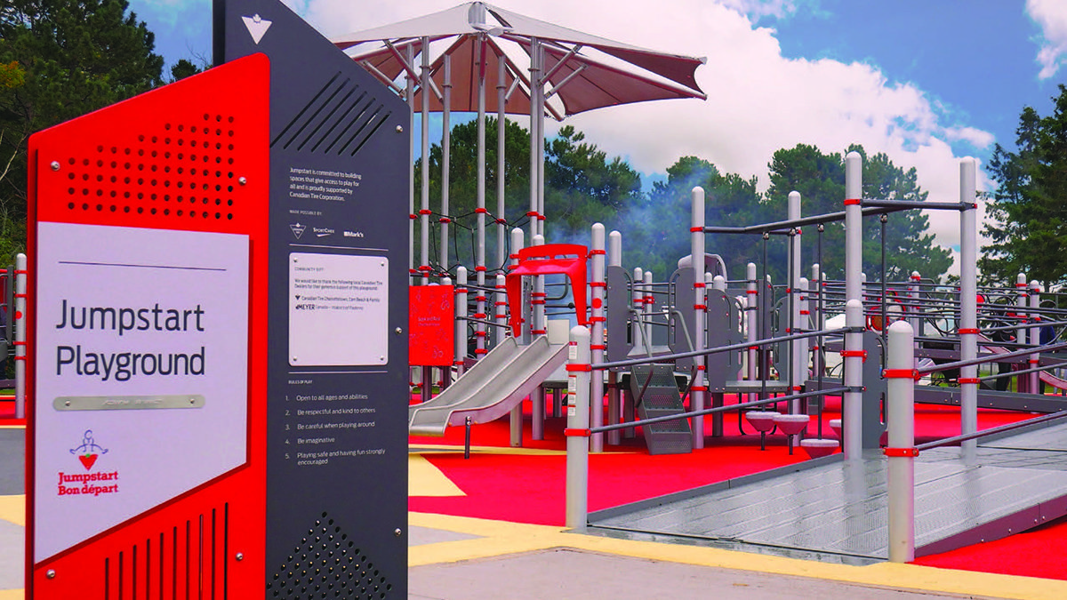 image of the Jumpstart Playground, showing a sign and playground equipment