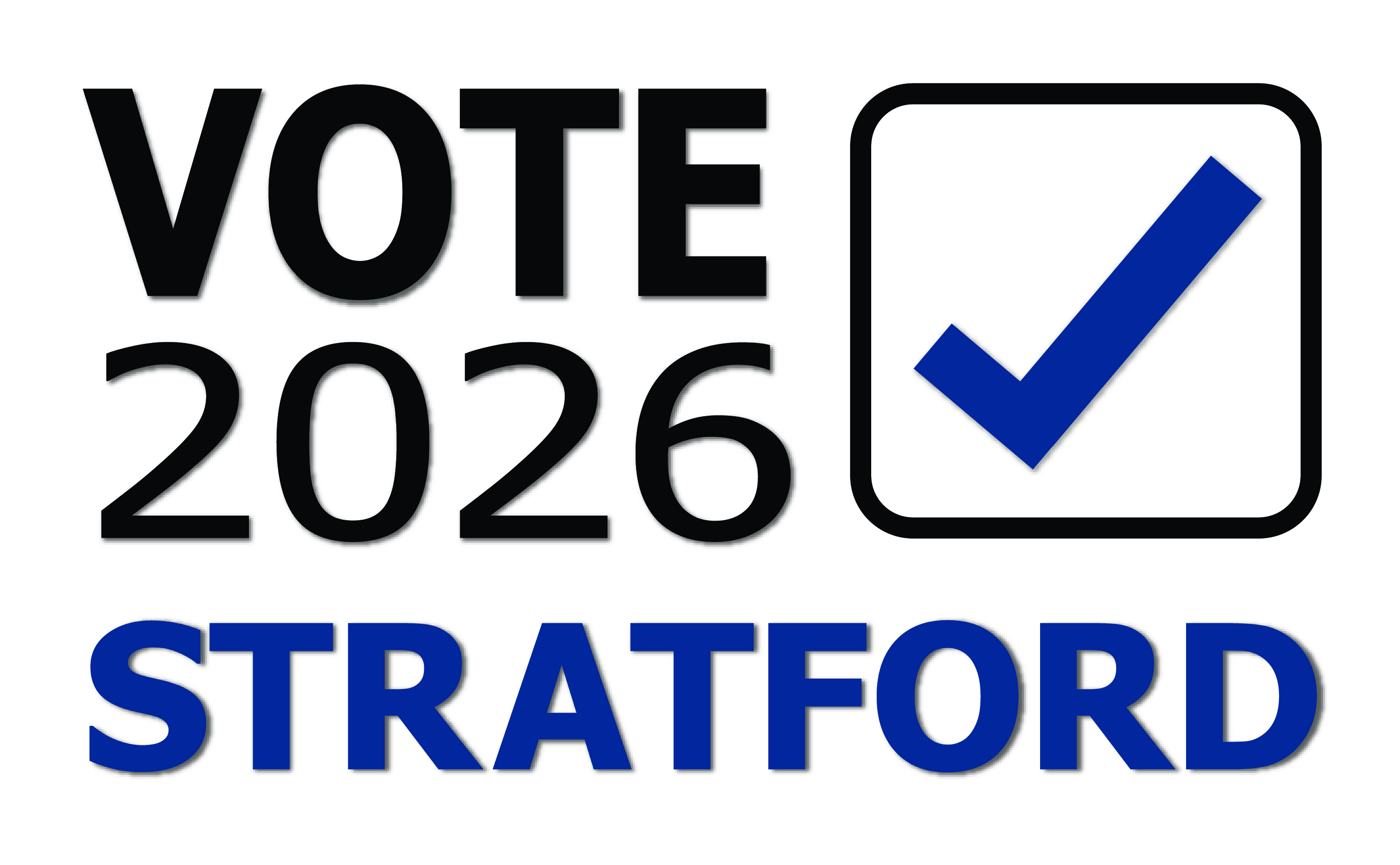 2026 municipal election logo with VOTE 2026 STRATFORD and a checkmark in a box