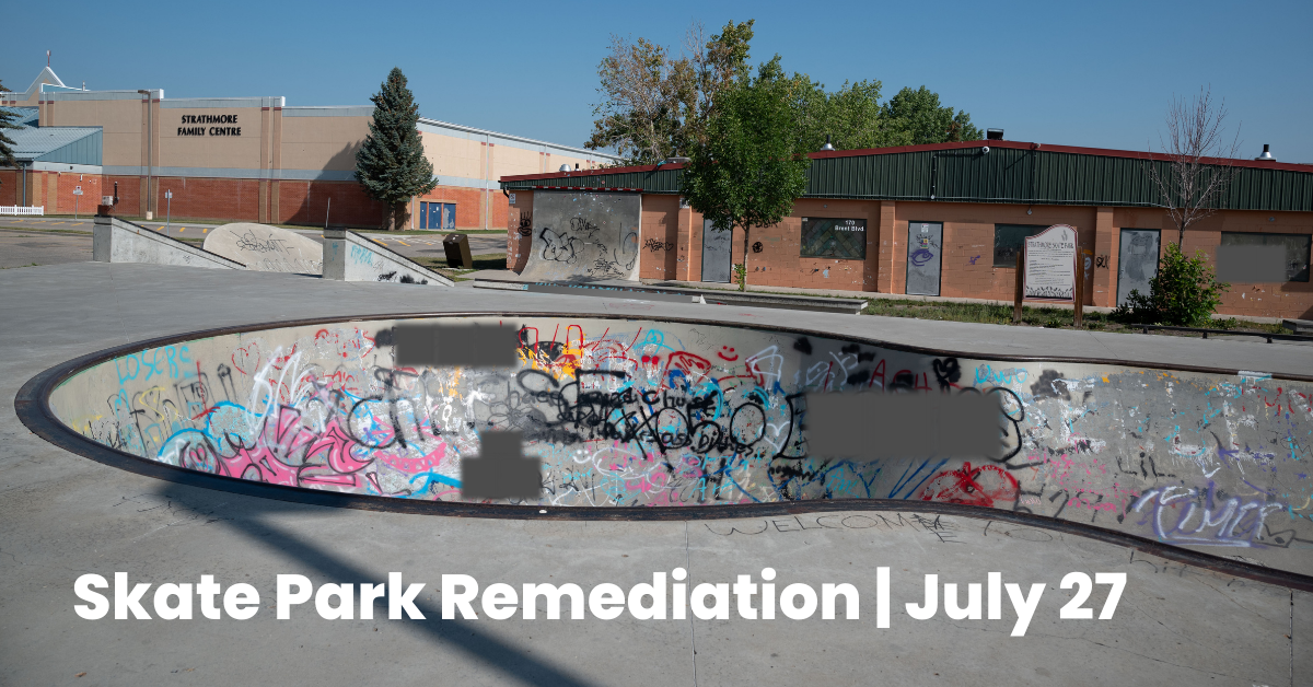 Picture of the Strathmore Skate park. The skateboarding bowl is covered in Graffiti. Text overlay: Skate Park remediation July 27