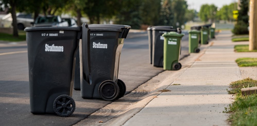 Garbage cans lined up in street
