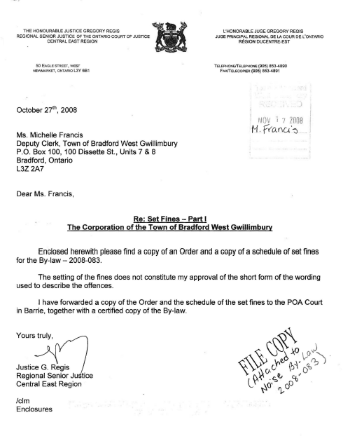 Letter from the Honourable Justice Gregory Regis to Ms. Francis reagrding Set Fines associated with By-law 2008-083.