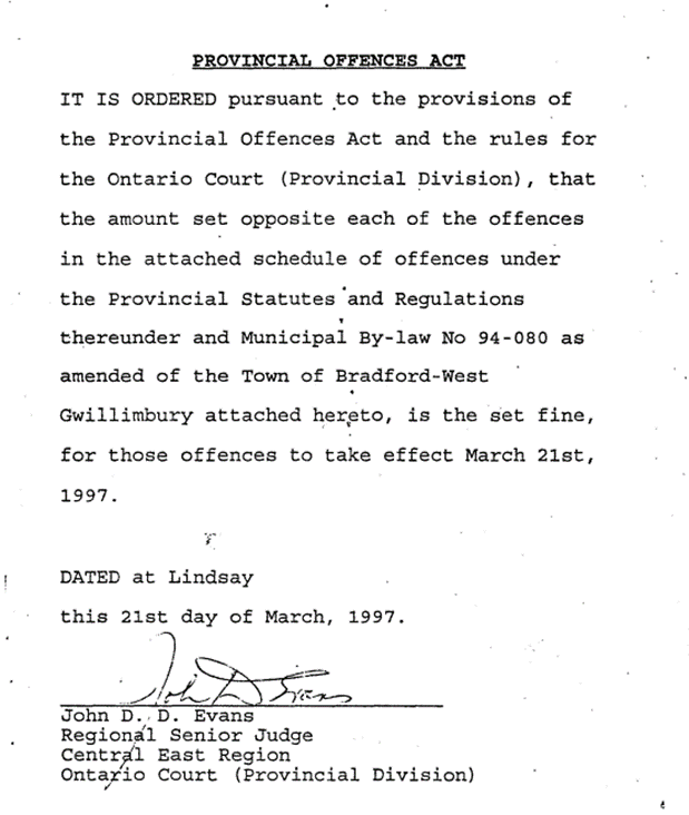 Provincial Offences Act letter regarding set fines for By-law 94-080. Signed by Regional Senior Judge, John Evans on March 21, 1997.